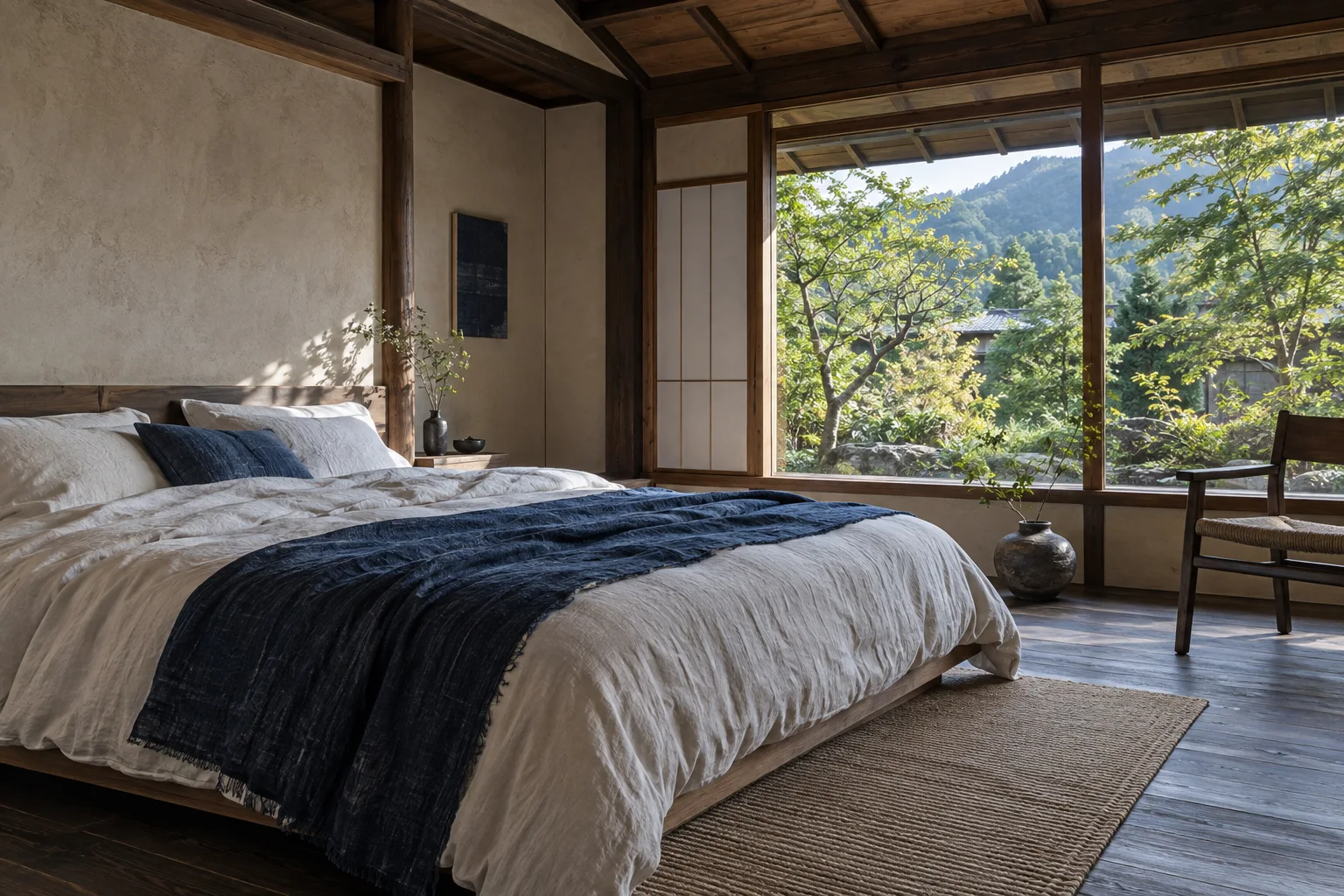 藍色の布をかけたベッドと、庭に面した大きな窓のある客室