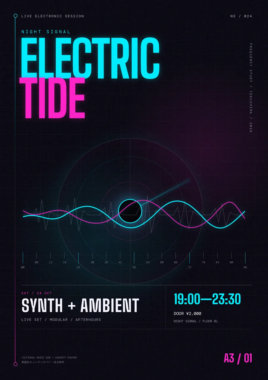 NIGHT SIGNAL のA3イベントポスター。黒地にネオン色の「ELECTRIC TIDE」と、音の波形を重ねた円、出演と時間の表記。
