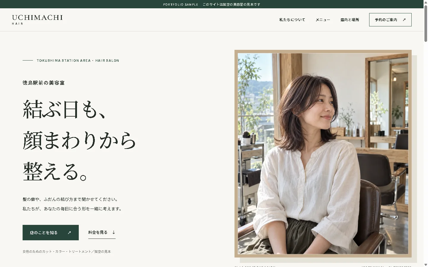 UCHIMACHI HAIRのWebサイト。徳島駅前の美容室という案内、顔まわりについての見出し、自然光が入る店内の女性の写真。